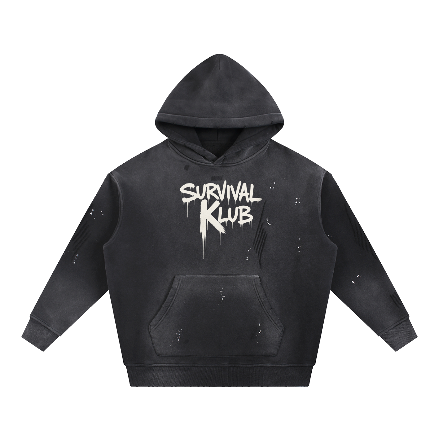 Black Survival Klub Hoodie (Vintage Washed Frayed Fleece)