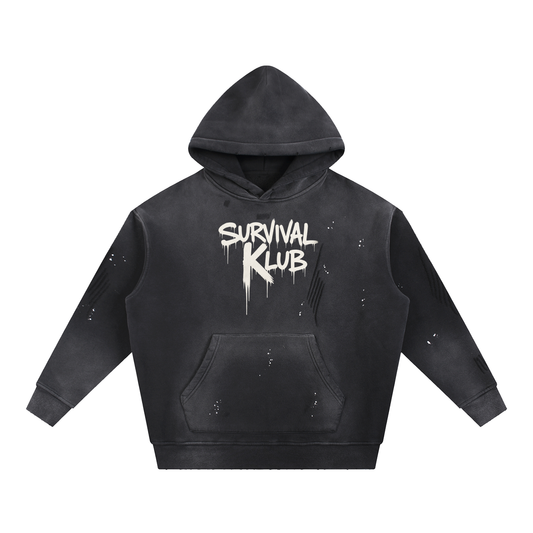 Black Survival Klub Hoodie (Vintage Washed Frayed Fleece)