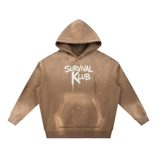 Brown Survival Klub Hoodie (Vintage Washed Frayed Fleece)