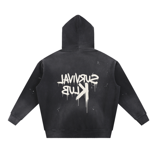 Black Survival Klub Hoodie (Vintage Washed Frayed Fleece)